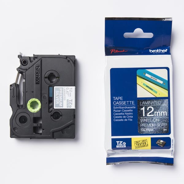 Brother originální páska do tiskárny štítků, Brother, TZE-PR935, bílý tisk/stříbrný podklad, laminovaná, 8m, 12mm