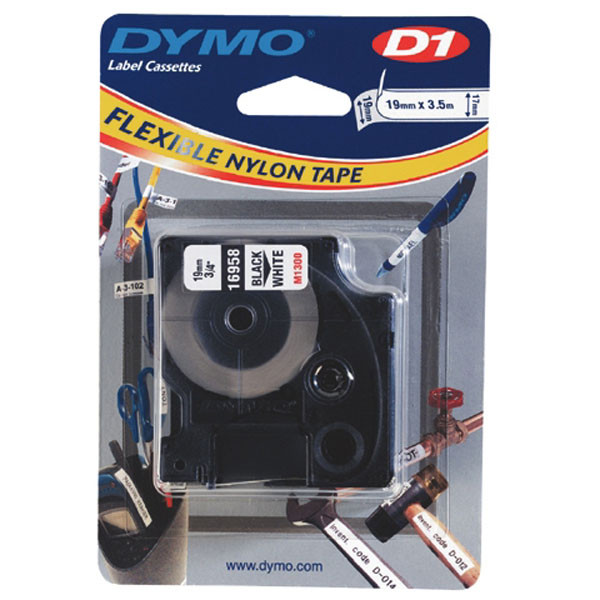 Dymo originální páska do tiskárny štítků, Dymo, 16958, S0718050, černý tisk/bílý podklad, 3.5m, 19mm, D1 speciální - flexibilní ny