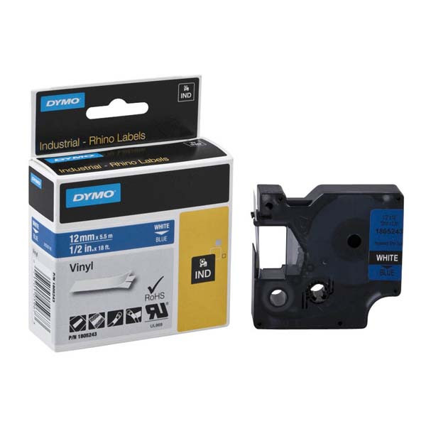 Dymo originální páska do tiskárny štítků, Dymo, 1805243, bílý tisk/modrý podklad, 5.5m, 12mm, RHINO vinylová profi D1