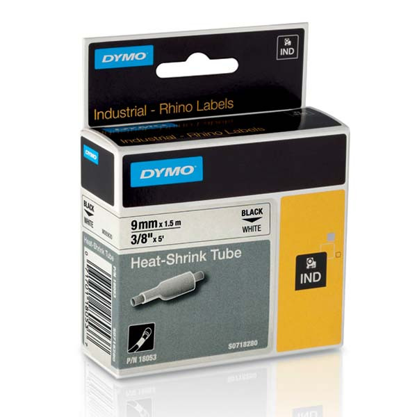 Dymo originální páska do tiskárny štítků, Dymo, 18053, S0718280, černý tisk/bílý podklad, 1.5m, 9mm, RHINO plochá smršťovací bužír