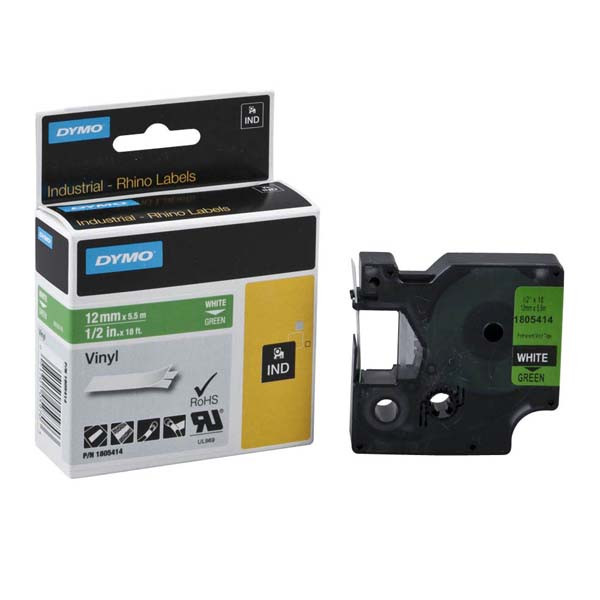 Dymo originální páska do tiskárny štítků, Dymo, 1805414, bílý tisk/zelený podklad, 5.5m, 12mm, RHINO vinylová profi D1