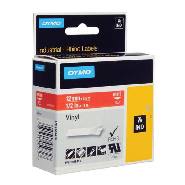 Dymo originální páska do tiskárny štítků, Dymo, 1805416, bílý tisk/červený podklad, 5.5m, 12mm, RHINO vinylová profi D1