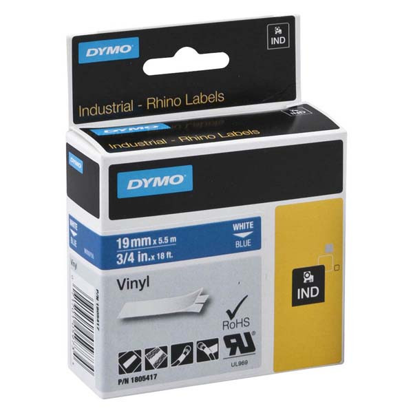 Dymo originální páska do tiskárny štítků, Dymo, 1805417, bílý tisk/modrý podklad, 5.5m, 19mm, RHINO vinylová profi D1