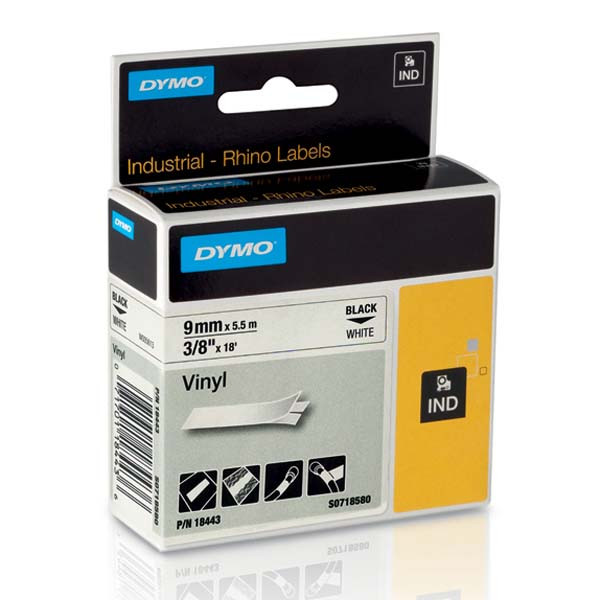 Dymo originální páska do tiskárny štítků, Dymo, 18443, S0718580, černý tisk/bílý podklad, 5.5m, 9mm, RHINO vinylová profi D1