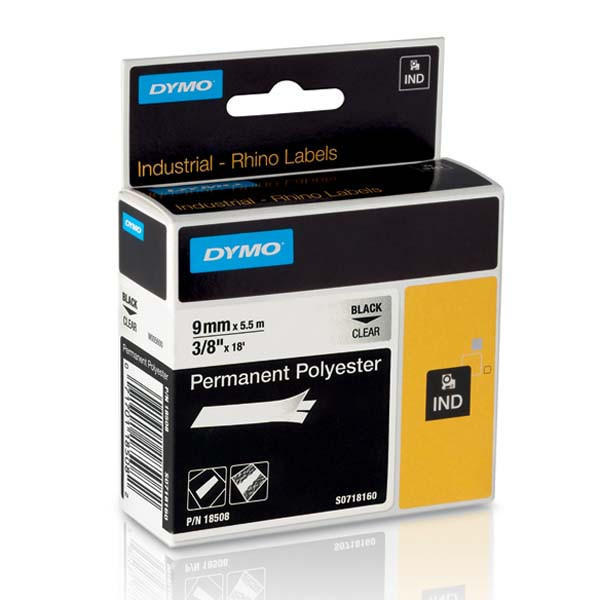 Dymo originální páska do tiskárny štítků, Dymo, 18508, S0718160, černý tisk/průhledný podklad, 5.5m, 9mm, RHINO permanentní polyes