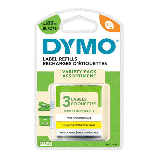 Dymo originální páska do tiskárny štítků, Dymo, 91241, S0721800, černý tisk/bílý/žlutý/stříbrný podklad, 4m, 12mm, 3ks