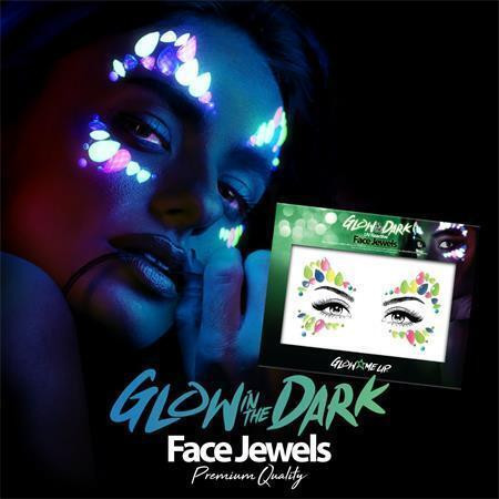 Sada šperků na obličej "Glow in the dark", neonové barvy, samolepicí, fluorescenční v UV světle