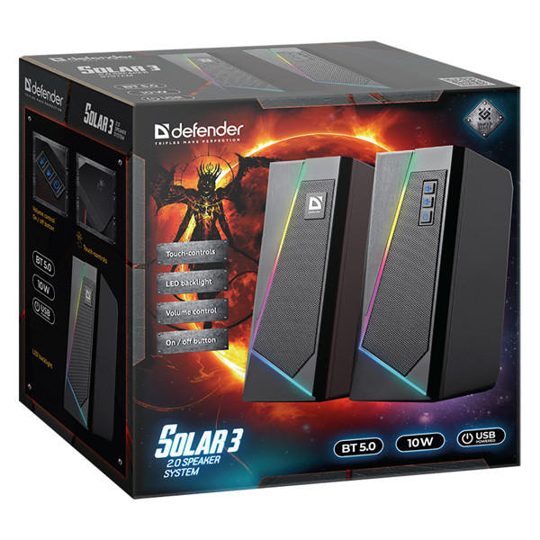 Defender reproduktory Solar 3, 2.0, 10W, černé, regulace hlasitosti, Bluetooth, podsvícení, 160Hz~20kHz