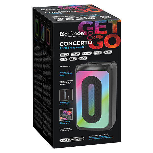 Defender reproduktor CONCERTO, Li-Ion, 2.0, 20W, černý, regulace hlasitosti, LED podsvícení, BT 5.3, TWS, 60Hz~20kHz