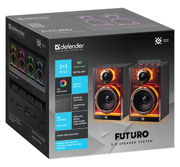 Defender reproduktory FUTURO, 2.0, 20W, černé, AUX/Bluetooth, podsvícené