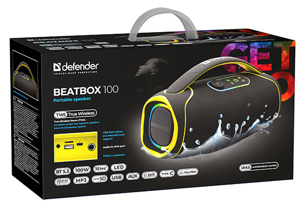 Defender reproduktor BEATBOX 100, 100W, černý, TWS,IPX5,AUX/Bluetooth