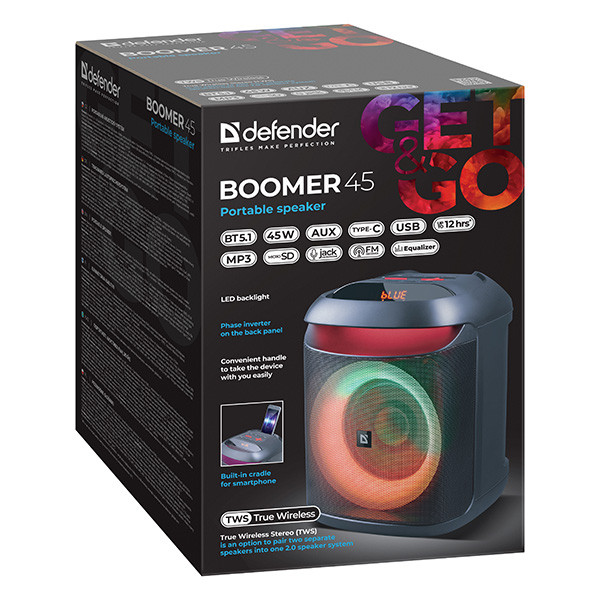 Defender reproduktor BOOMER 45, Li-Ion, 1.1, 45W, černý, regulace hlasitosti, LED podsvícení, BT 5.1, TWS, 90Hz-20KHz