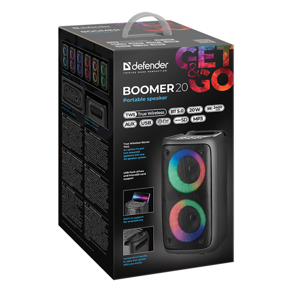 Defender reproduktor BOOMER 20, Li-Ion, 2.0, 20W, černý, regulace hlasitosti, LED podsvícení, BT 5.0, TWS, 150Hz~18kHz