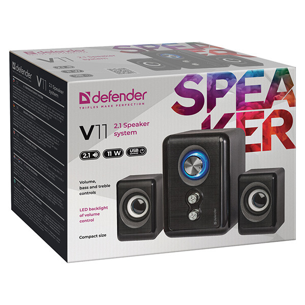 Defender reproduktory V11, 2.1, 11W, černé, regulace hlasitosti, tlačítko napájení, nastavení basů a výšek, 40Hz~18kHz