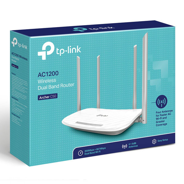 TP-LINK router Archer C50 2.4GHz a 5GHz, přístupový bod, IPv6, 1200Mbps, externí pevná anténa, 802.11ac, rodičovská kontrola, síť