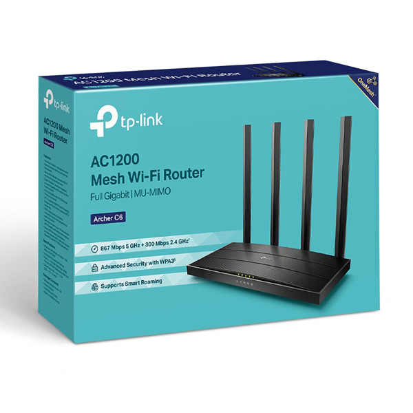 TP-LINK router Archer C6 V3 2.4GHz a 5GHz, extender, přístupový bod, IPv6, 1200Mbps, externí pevná anténa, 802.11ac, Gigabytové př