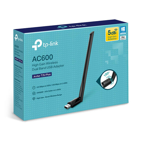 TP-LINK USB klient Archer T2U Plus 2.4GHz a 5GHz, IPv6, 600Mbps, externí pevná anténa, 802.11ac, 5dBi anténa