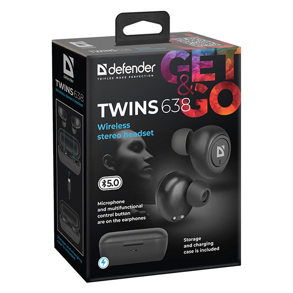 Defender Twins 638 sluchátka s mikrofonem, bezdrátová, černá, špuntová, BT 5.0, TWS, nabíjecí pouzdro typ bluetooth, DOPRODEJ