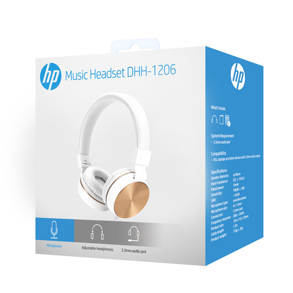 HP DHH-1206 White sluchátka s mikrofonem, drátová, bílo-zlatá, klasická typ 3,5mm jack