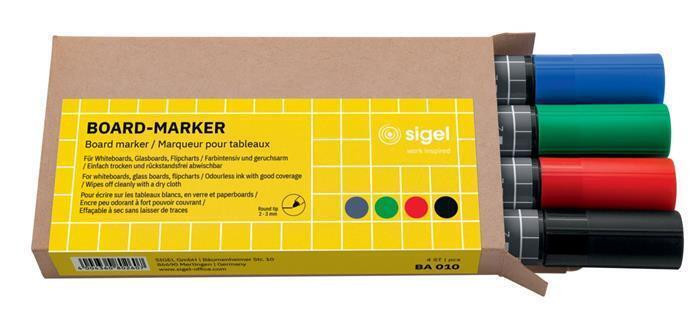 Sada popisovačů na tabule, 4 různé barvy, 2-3 mm, kuželový hrot, SIGEL BA010