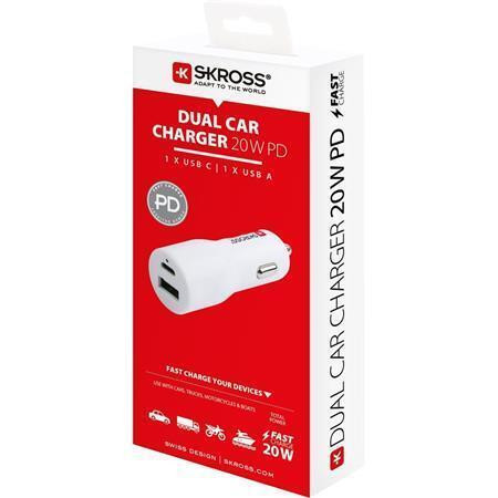 Adaptér do auta, bílá, 1x USB-A / 1x USB-C PD, 20W, SKROSS SKCHCA0120WPDCN