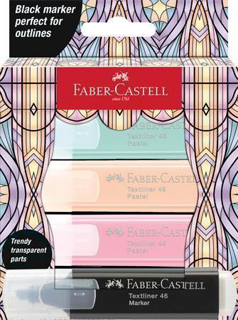 Zvýrazňovač "Glassy", 3 různé pastelové barvy + černá, FABER-CASTELL 254694