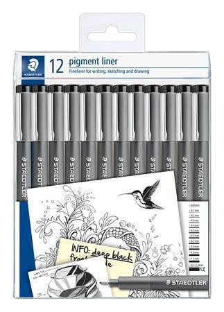 Liner "Pigment liner 308", černá, sada, 12 šířek stopy, STAEDTLER 308-9 TB12