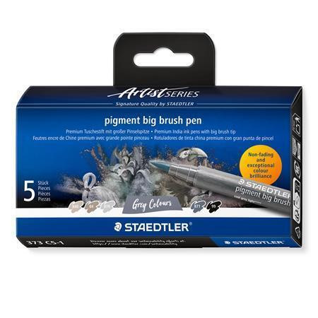 Štětcové fixy "Pigment big brush 373", 4 odstíny šedé + černá, sada, STAEDTLER 373 C5-1