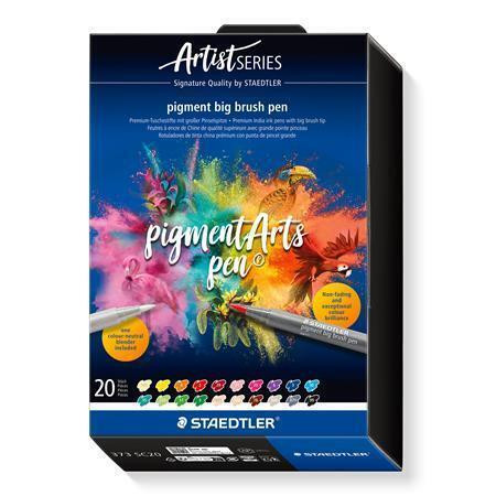 Štětcové fixy "Pigment big brush 373", 20 barev, + blendovací pero, sada, STAEDTLER 373 SC20