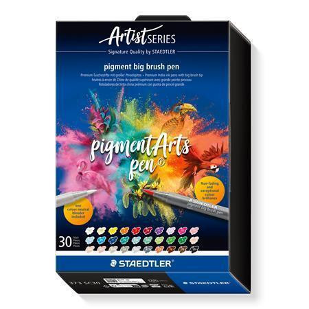 Štětcové fixy "Pigment big brush 373", 30 barev, + blendovací pero, sada, STAEDTLER 373 SC30