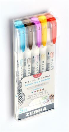 Štětcové fixy "Mildliner Warm", 5 barev, oboustranný, ZEBRA