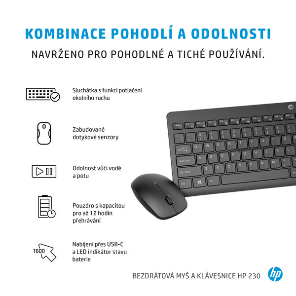 HP 230 Sada klávesnice bezdrátová CZ/SK, bílá s bezdrátovou optickou myší, AAA, klasická, 2.4 [GHz]