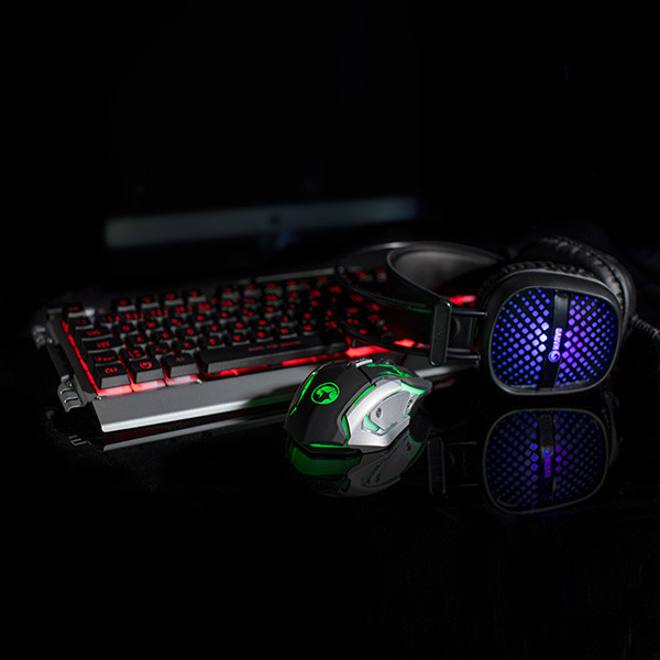 Marvo CM303 sada klávesnice drátová (USB) US, černo-stříbrná s herní myší a sluchátky, herní, membránová typ podsvícená