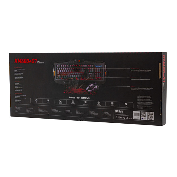 Marvo KM400 sada klávesnice drátová (USB) CZ/SK, černá s herní myší a podložkou, herní, membránová typ podsvícená