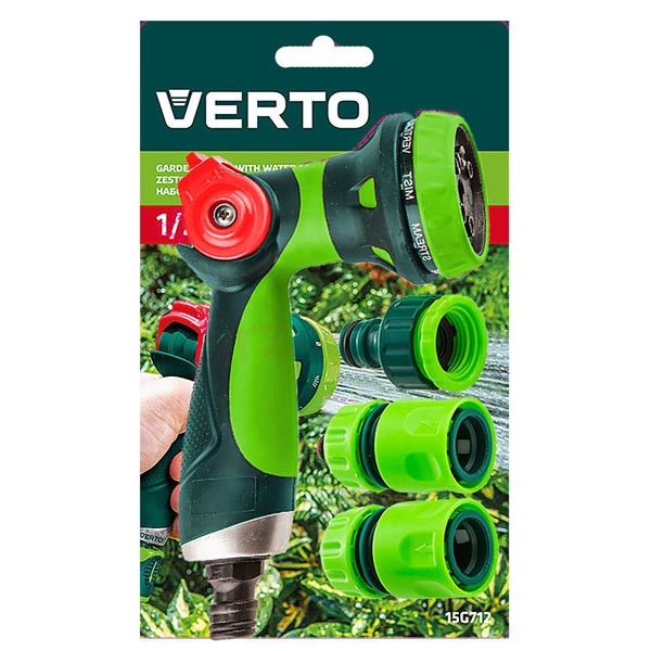 Verto sada pistolový rozprašovač (8 funkcí) 2 rychlospojky a přípojka na kohoutek, 1/2", zelený, 15G712
