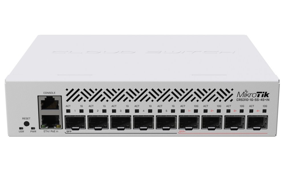 MikroTik Cloud Router Switch CRS310-1G-5S-4S+IN, 800MHz CPU, 256MB RAM, 5xSFP, 4xSFP+, 1x GbE, LCD, vč. L5 licence