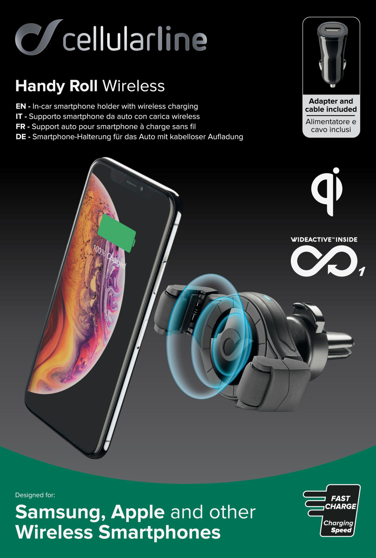 Univerzální držák do ventilace auta s funkcí bezdrátového nabíjení Cellularline Handy Roll, černý