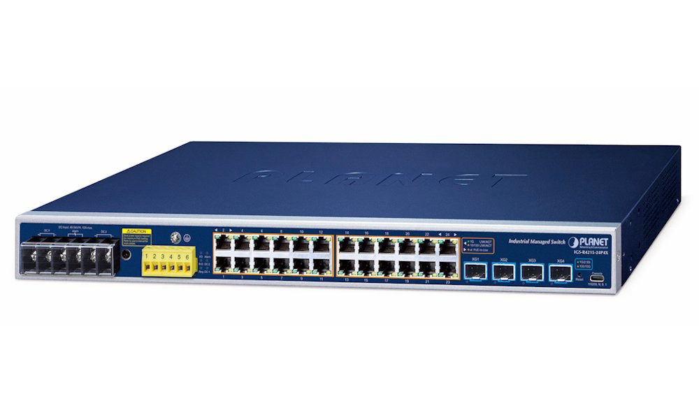 Planet IGS-R4215-24P4X průmyslový L2+ switch, 24x1Gb, 4x10Gb SFP+, PoE 802.3at 440W, 48-54VDC, -40~75°C, IP30, fanless