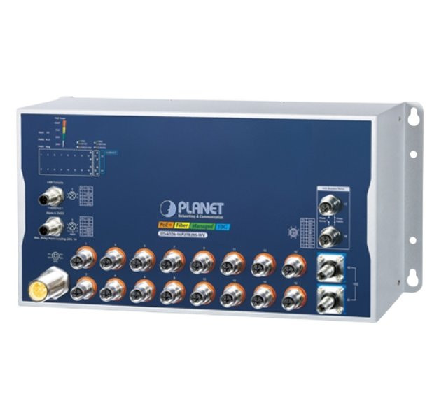 Planet Průmyslový PoE switch 16x Gb 802.3at, 2x 10 Gb, M12 konektory, 2x 10G Q-ODC, IP40, -40+70°C, 24-110 VDC