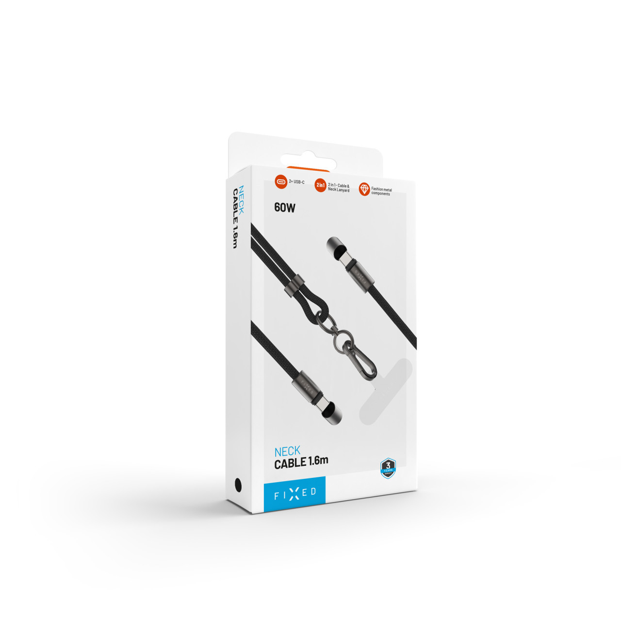 Opletený kabel FIXED Neck Cable pro telefony se zadním krytem s konektory USB-C/USB-C, 1.6m, PD 60W, 480Mbps, černý