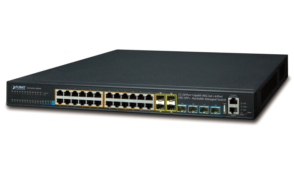 Planet SGS-6341-24P4X L3 switch, 24x1Gb, 4x1Gb SFP, 4x10Gb SFP+, 24x PoE 802.3at 370W, HW/IP stack, VSF/Cluster