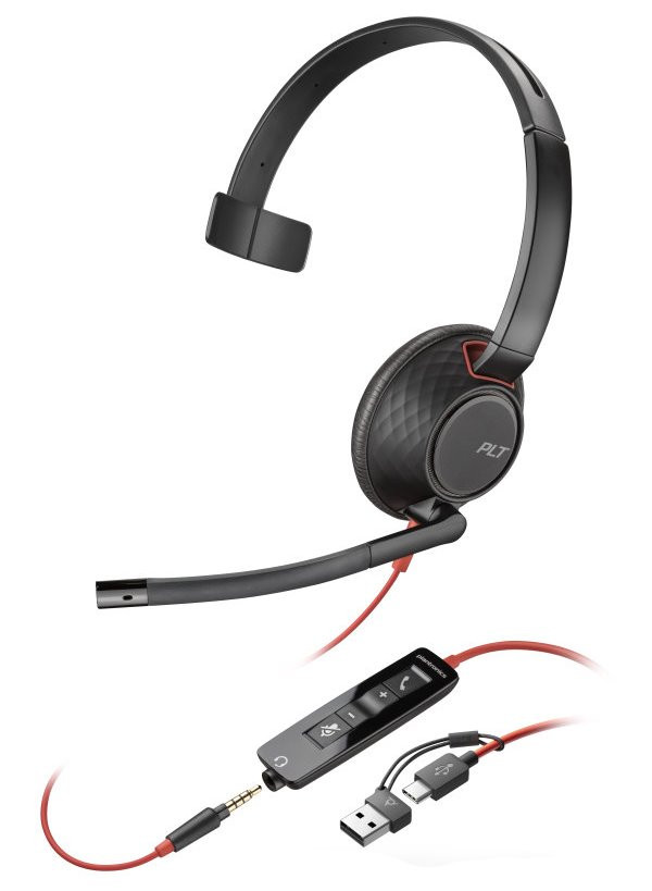 Poly Blackwire 5210 Monaural USB-C Headset +3.5mm Plug +USB-C/A Adapter