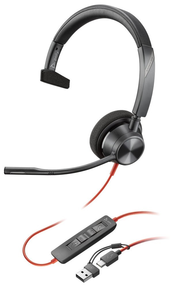 Poly Blackwire 3310 Monaural USB-C Headset +USB-C/A Adapter