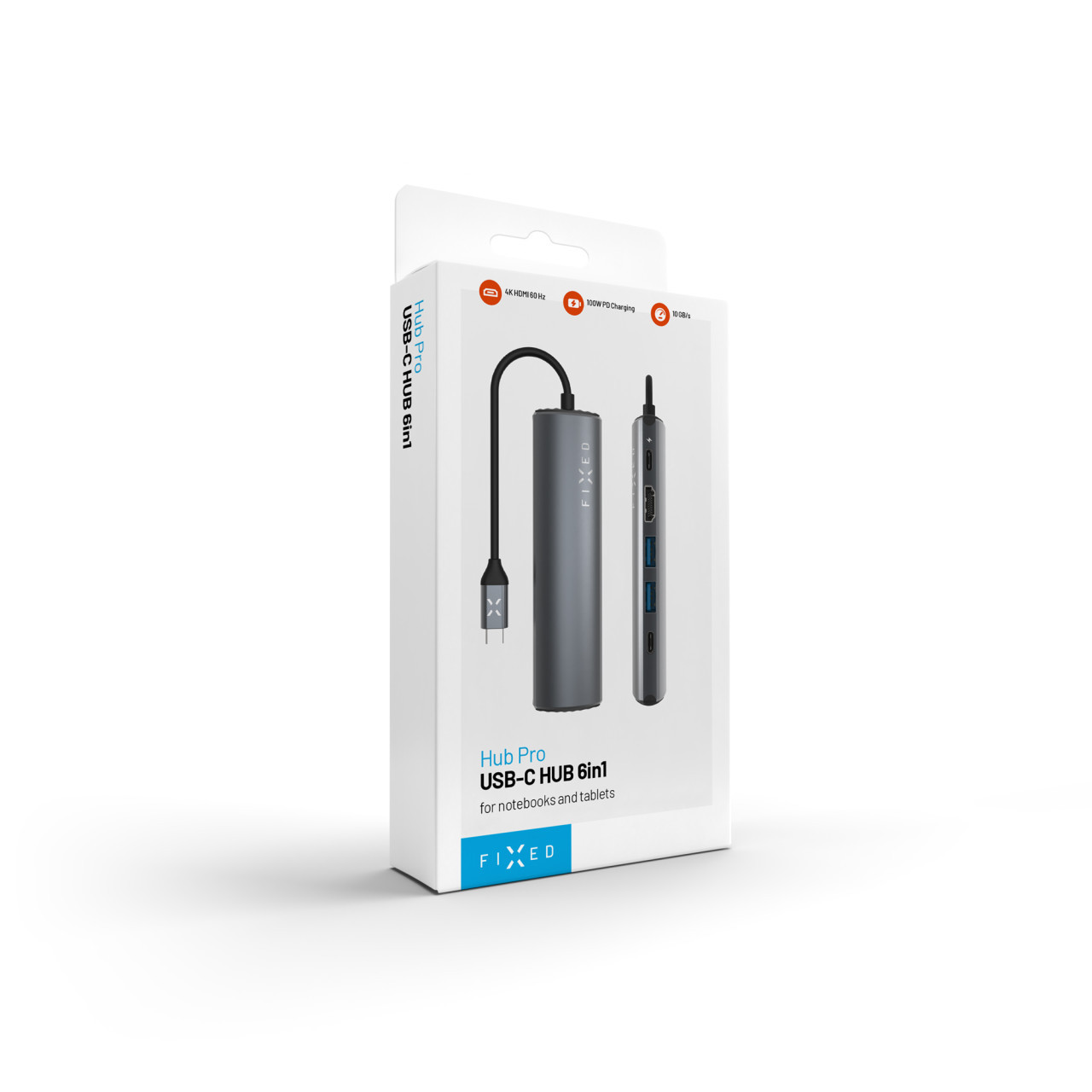6-portový hliníkový USB-C FIXED HUB Pro, pro notebooky a tablety, šedý