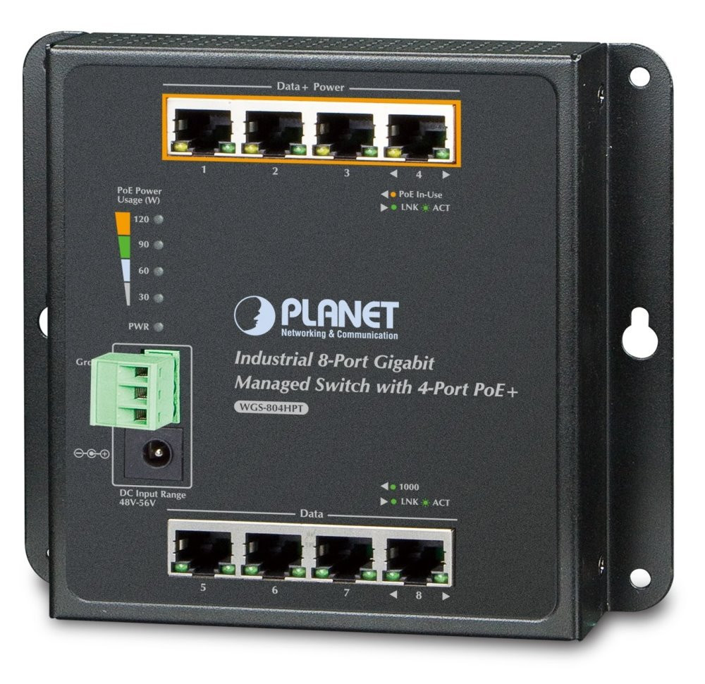 OPRAVENÉ - Planet WGS-804HPT plochý L2 switch, 8x1Gb, 4x PoE 802.3at 144W, 48-54VDC, -40~75°C, IP30, fanless
