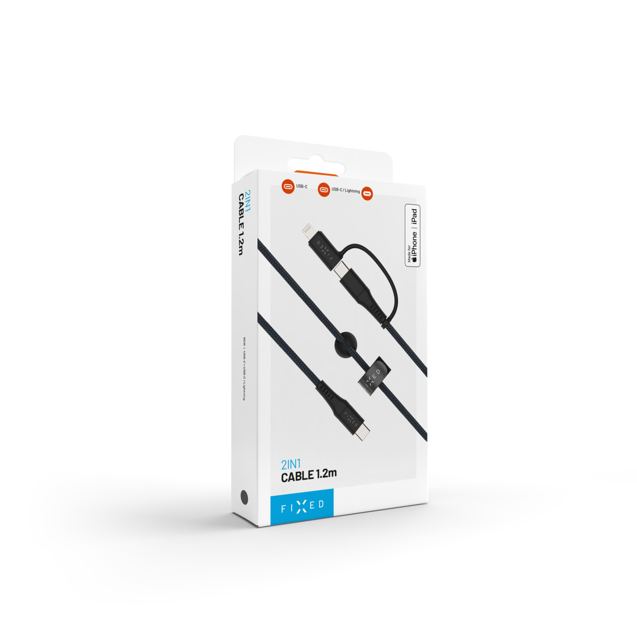 Nabíjecí a datový opletený kabel FIXED s konektory USB-C/USB-C a Lightning adaptérem, PD, 1.2m, MFi, PD 60W, šedý
