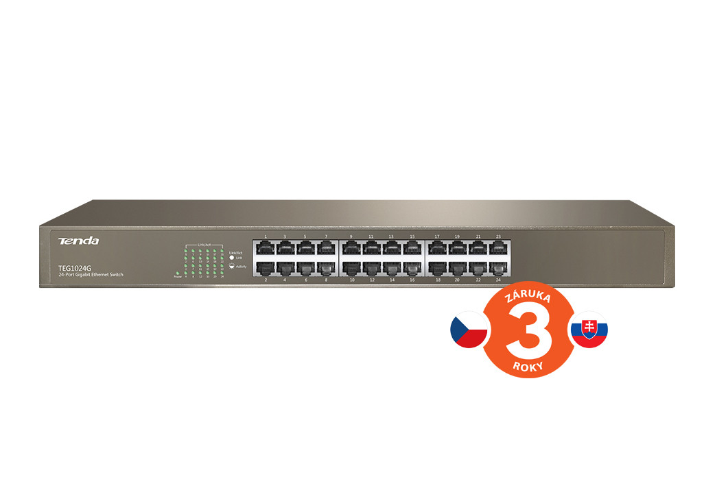 Tenda TEG1024G 24x Gigabit Switch, Fanless-bez ventilátorů, Rackmount 19", ochrana proti přepětí
