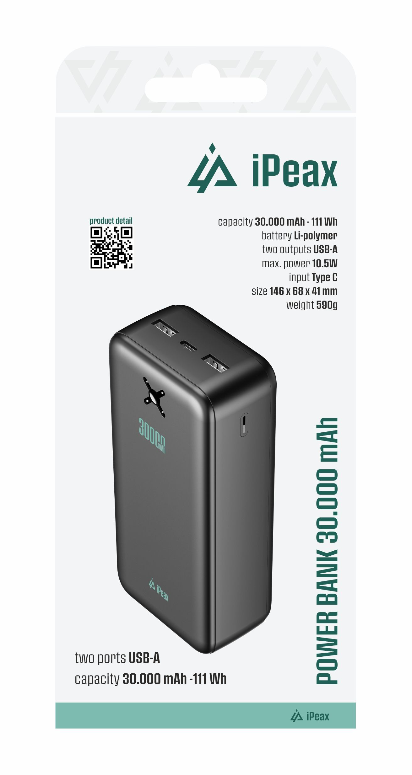 POWER BANKA 20000 mAh, 10,5W, 2x USB-A ČERNÁ