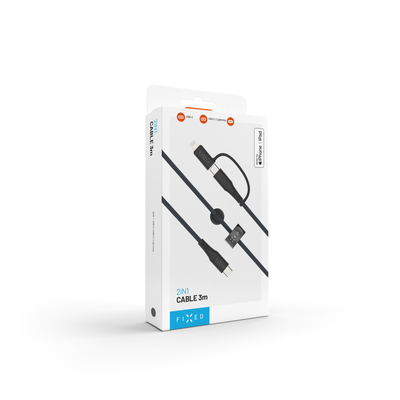 Dlouhý nabíjecí a datový opletený kabel FIXED s konektory USB-C/USB-C a Lightning adaptérem, PD, 3m, MFi, PD 60W, šedý