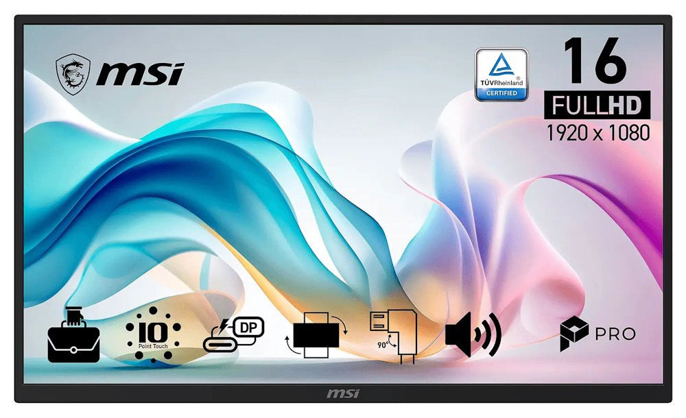 MSI PRO MP161E6T/ 15,6"/ 1920x1080/ IPS/ 4ms/ 60Hz/ 250cd/m2/ 1000:1/ dotykový/ HDMI/ VGA/ VESA/ černý